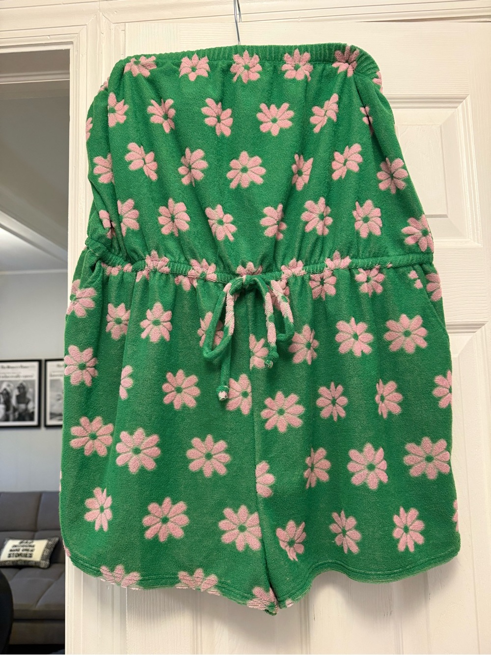 Green Floral Terry Drawstring Women’s Romper